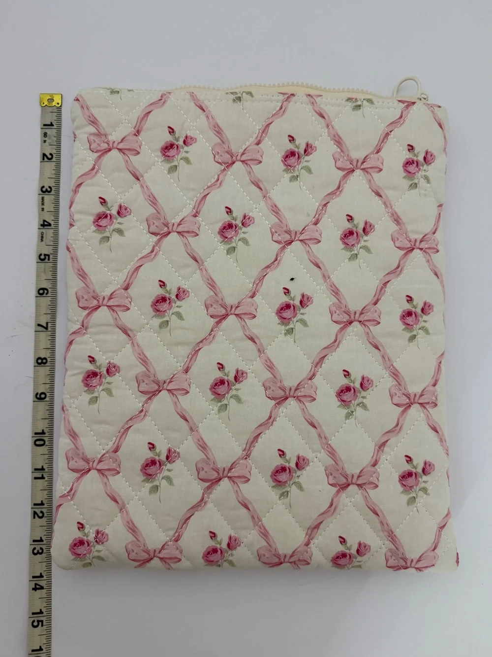 Quilted Pink Bow Rose iPad Laptop Sleeve Coquette Floral Tablet Case Cottagecore